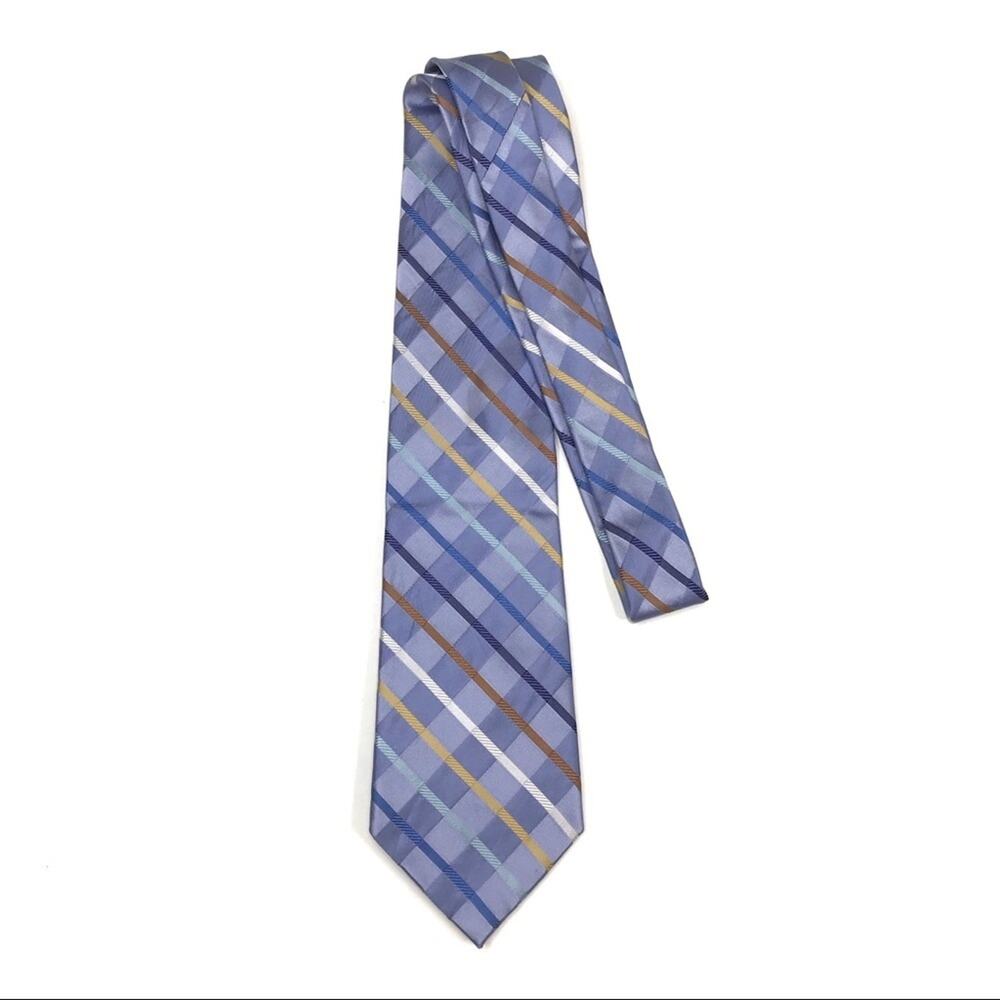 BCBG Attitude Light Blue Colorful Plaid Stripe 100% Silk Mens Necktie